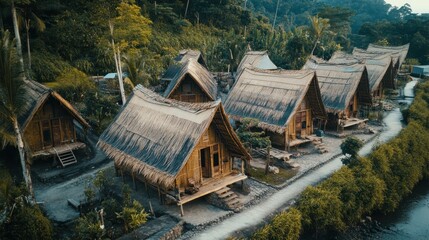 Canvas Print - Serene Bamboo Village nestled in Lush Tropical Foliage