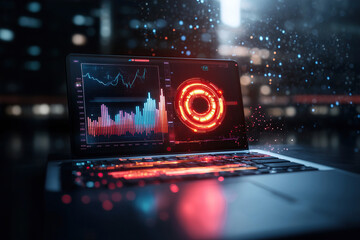 Wall Mural - laptop displaying futuristic data visualizations and digital graphs dark, high tech environment. scr