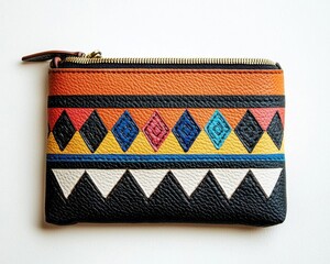 handmade leather creativity. Leather pouch with hand-painted abstract art or embossed cultural patterns for a unique accessory