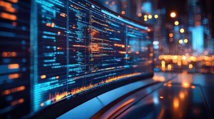 Futuristic data analysis code on curved screen in urban nightscape