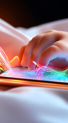 Wall Mural - child's hand touches a glowing phone screen, displaying vibrant lines on a white soft surface, for e
