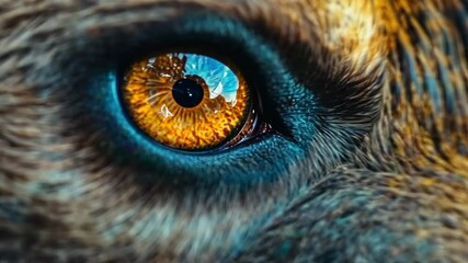 Wall Mural - Close-up wolf eye, forest background, nature wildlife, poster
