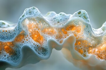 Wall Mural - abstract image of a wave-like structure with light blue and orange bubbles, resembling a fantastical