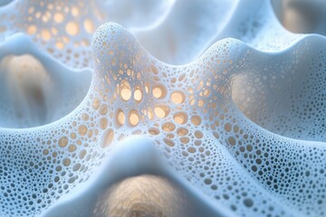 Wall Mural - abstract 3d rendering of a porous, undulating surface with interconnected cavities and illuminated i