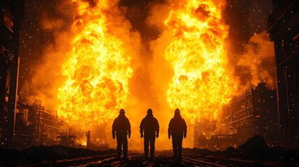 Poster - Dramatic Industrial Fire Scene with Silhouetted Workers in Darkness