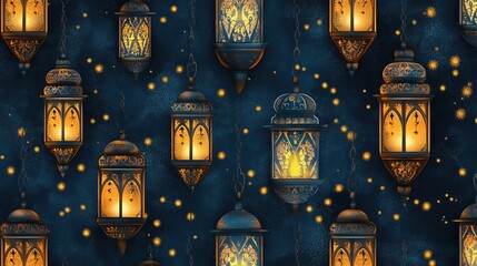 Wall Mural - Vintage Ramadan Lantern Glowing in the Night with a Soft Warm Light, Set Against a Dark Sky, Capturing the Essence of Ramadan's Traditional Atmosphere and Spiritual Reflection During the Holy Month
