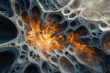 Wall Mural - abstract fractal art depicting a cavernous, organic structure with glowing orange core, intricate ne