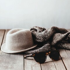 Aufkleber - Fashion accessories displayed on a rustic wooden table featuring hats, scarves, and sunglasses. Generative AI