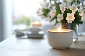 Aufkleber - Elegant festive dining setup with glowing candles and fresh flowers for a memorable celebration. Generative AI