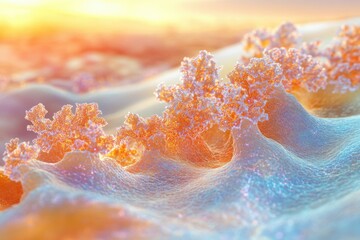 Wall Mural - abstract image of a textured, undulating surface with coral-like formations, bathed in warm, sunset 