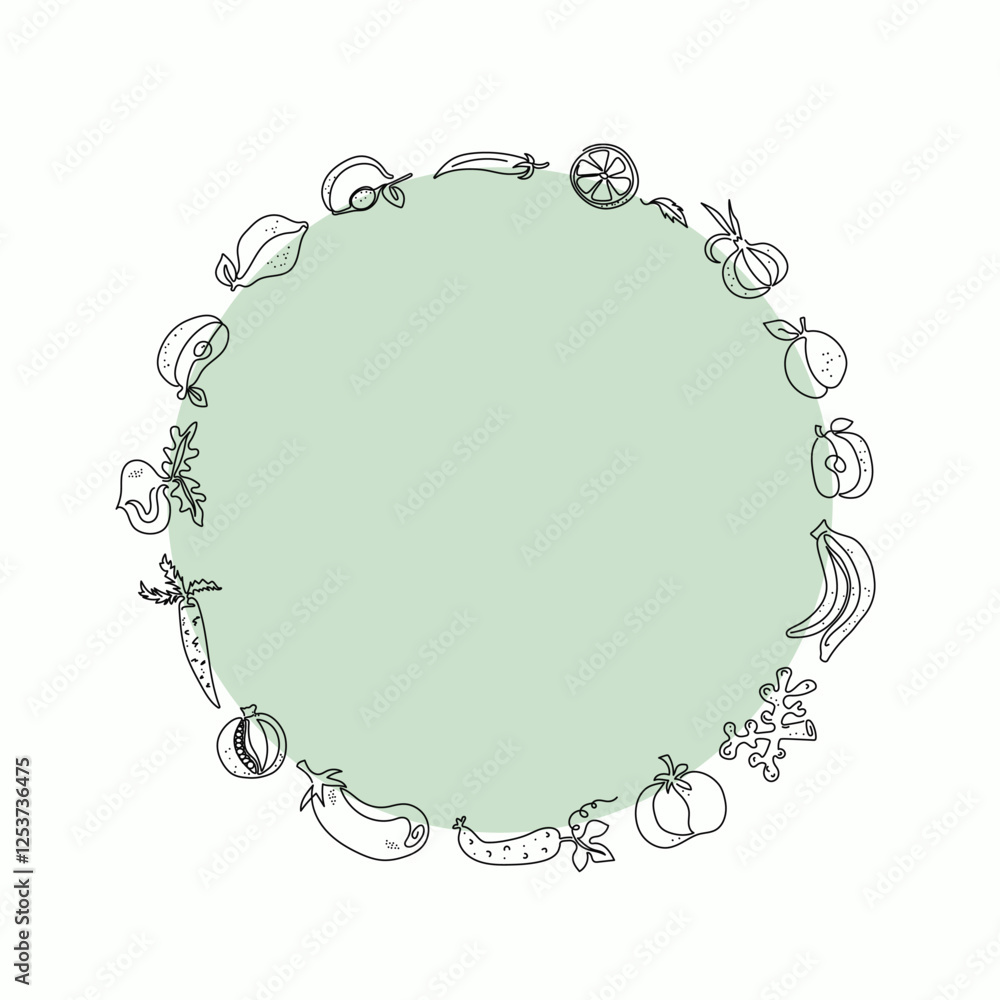Round frame, border with a set of vegetables, fruits. World Food Day. Line drawing. Food vegetarian organic. Outline drawings. Isolated background.