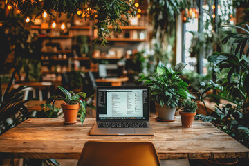 Wall Mural - Laptop on wooden table surrounded by green plants in bright natural light