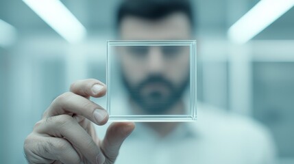 Wall Mural - Man holding glass block,  study of light, texture, and translucence in minimalist photography