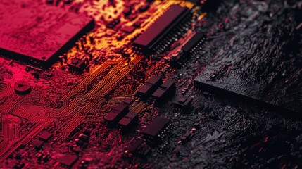 Circuit board close-up, glowing wires, technology, digital