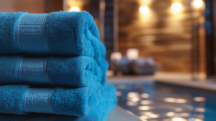 Blue towels in a contemporary hotel closeup, highlighting rich hues and sleek textures that contribute to a fresh and modern bathroom design.