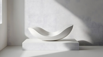 Aufkleber - A clean modern and minimalist white geometric sculpture displayed in a serene and well lit studio setting  The simple yet elegant form casts dramatic shadows on the surrounding walls