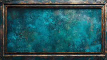 Poster - A copper toned and teal wooden frame background with a rustic textured grunge and distressed metallic paint finish  The weathered worn and peeling paint creates a unique visually striking