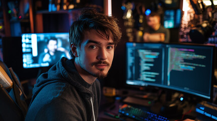 Focused coder working late on complex software project. Intense concentration illuminated by screen glow. Night coding.