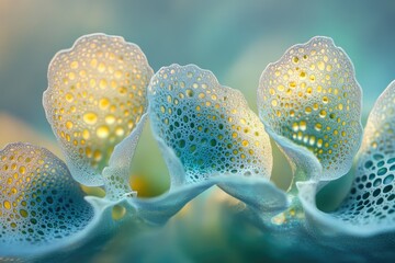 Wall Mural - abstract image of delicate, porous, bioluminescent structures in teal and gold, resembling intricate