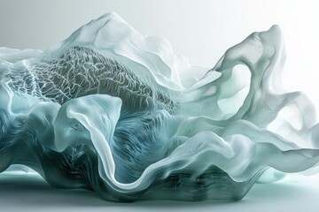 Wall Mural - abstract teal and white flowing fabric forming a landscape-like structure.