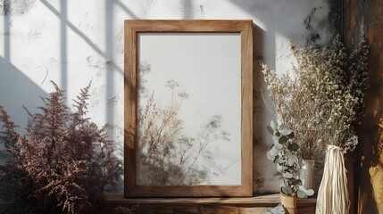 Aufkleber - A rustic wooden frame stands against a plain white wall showcasing a delicate arrangement of dried flowers leaves and stems  The natural sunlight casts soft shadows
