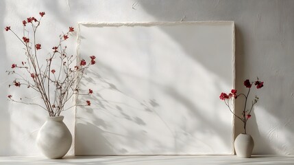 Aufkleber - A simple and elegant minimalist floral still life arrangement with a vase of delicate blossoms set against a natural marble wall backdrop  The peaceful serene