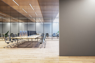 Canvas Print - Modern corporate office interior with glass partitions and wooden flooring. 3D Rendering