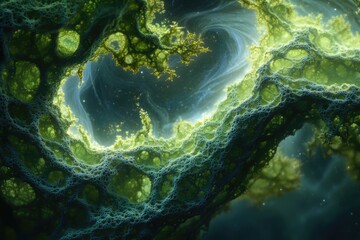 Wall Mural - abstract cosmic landscape with intricate, bioluminescent, cavernous structures glowing in nebula.