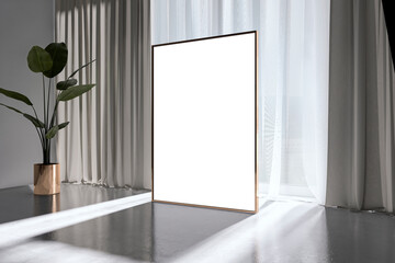 Wall Mural - Vertical blank frame mockup in modern interior with sunlight and shadows. 3D Rendering