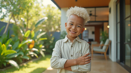 confident young boy with blonde hair smiling outdoors