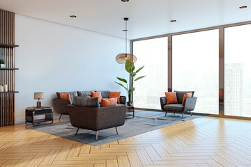 Wall Mural - Modern living room interior with large windows and city view. 3D Rendering