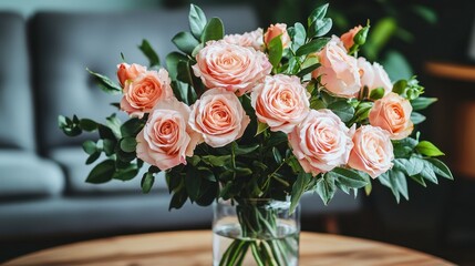 Wall Mural - Peach roses bouquet in glass vase on table