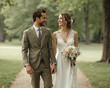 © lina - smiling bride and groom walking hand-in-hand on a path