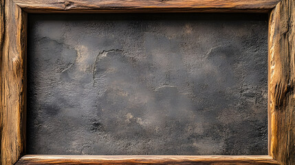 Poster - An old weathered wooden frame hanging on a distressed grungy concrete wall background  The natural wood texture and worn aged appearance create a rustic