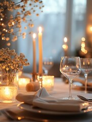 Aufkleber - Elegant festive dining table set for a cozy gathering with glowing candles and fresh flowers. Generative AI