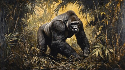 Wall Mural - Majestic Gorilla in the Golden Jungle: A Powerful Portrait of Wildlife