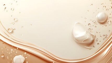 Poster - Captivating Liquid Motion   Shimmering fluid waves bubbles and swirls create a mesmerizing abstract composition on a soft ethereal beige background  This dynamic