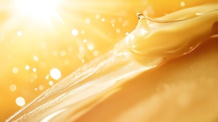 Poster - Closeup view of a single glistening water droplet or oil bead on a golden reflective surface with warm radiant sunlight creating a glowing shimmering effect