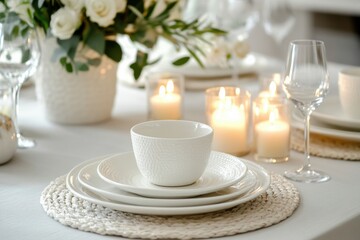 Poster - Elegant festive dining table with glowing candles and fresh flowers for a delightful gathering. Generative AI