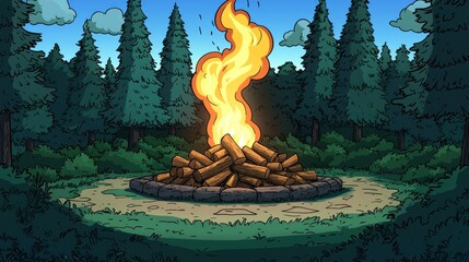 cartoon campfire burning brightly in a forest clearing at dusk, ideal for camping illustrations