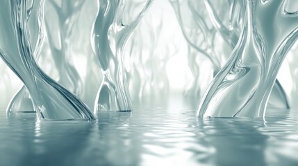 Aufkleber - Glass forest with ethereal tree shapes and glowing reflections creating a tranquil ambiance. Generative AI