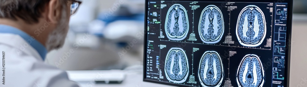 A medical professional analyzes brain scans on a computer screen ...