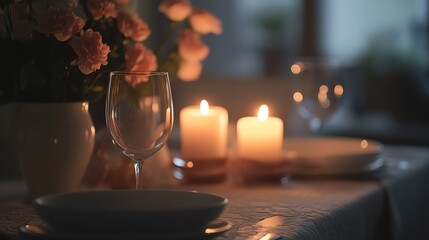 Poster - Festive dining table elegantly decorated with glowing candles and fresh flowers for a cozy gathering. Generative AI