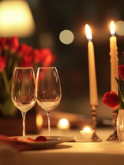 Poster - Elegant festive dining table set with glowing candles and fresh flowers for a special occasion. Generative AI