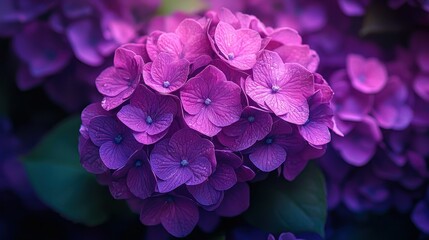 Wall Mural - Purple hydrangea blossoms close-up, garden background, nature photography, floral design