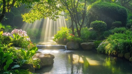 Wall Mural - Serene Garden Paradise: Sunbeams Dance on Tranquil Waters