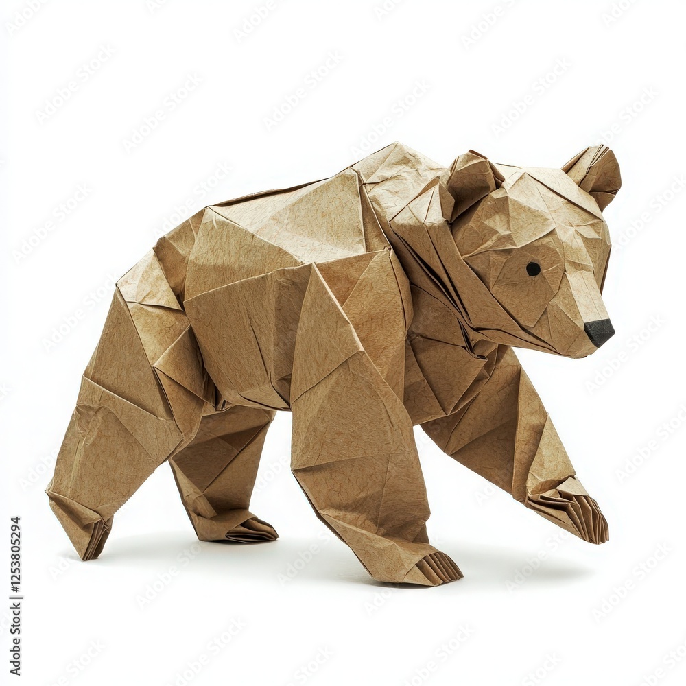 A realistic origami bear is displayed, skillfully crafted from brown paper. The intricate folds and angles highlight craftsmanship, making it a stunning representation of wildlife and art.