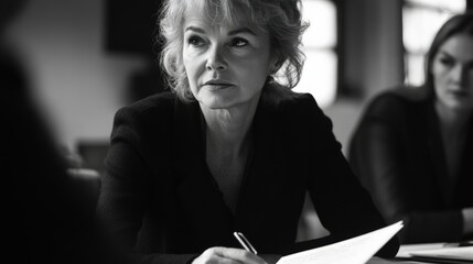 Wall Mural - A professional setting with a woman sitting at a desk, signing a document. She is dressed in business attire and appears focused on her work. The background suggests a meeting room or office.