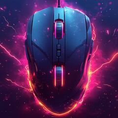 a futuristic gaming mouse illuminated by vibrant neon colors and electrifying effects, showcasing in