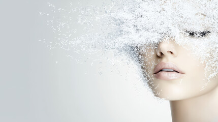 Wall Mural - Artistic portrait of woman with unique, ethereal hairstyle made of white particles, conveying sense of beauty and creativity